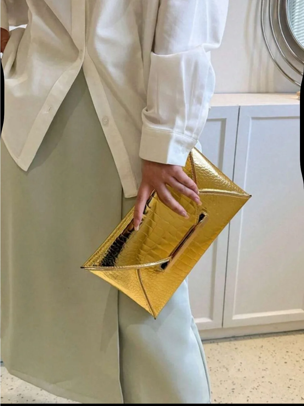 Gold Croc-Embossed Envelope Clutch